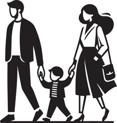 Husband, Wife and Kid Walking Vector Silhouette Illustration. Man Woman and Children Fashion Family