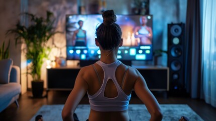 With her back to us, a woman was squatting in front of the TV while viewing an online exercise video.