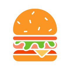 Burger set icon. Bun, lettuce, tomato, cheese, patty, fast food, sandwich, sesame, meal, snack, American cuisine.