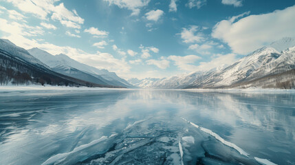 Snow-capped mountains and a frozen river landscape background