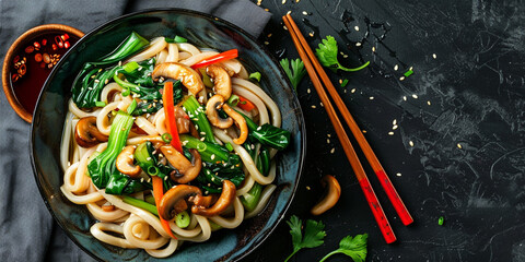 Udon stir fry noodles with chicken and vegetables