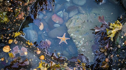 A close-up of a starfish in a tide pool. The starfish is surrounded by colorful rocks and seaweed. - Powered by Adobe