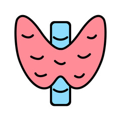 Thyroid set icon. Thyroid gland, endocrine system, butterfly shape, hormone regulation, metabolism, health, medical illustration, anatomy, pink and blue colors.