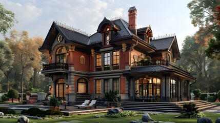 Fototapeta premium European-style house with a beautiful yard
