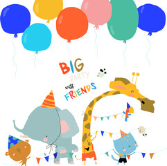 Greeting Card with Cute Animals celebrating Birthday. Vector illustration