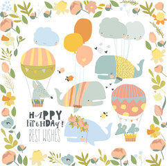 Cartoon Card with Cute Whales celebrating Birthday. Vector Illustration