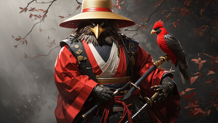 A bird-like creature with a straw hat and red scarf is holding a sword in its beak. 