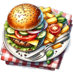 An illustration for summer, rendered in watercolor style, Picnic plate clipart with a burger and chips.