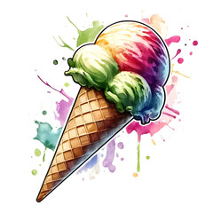 An illustration for summer, rendered in watercolor style, Ice cream cone clipart with a scoop of ice cream.