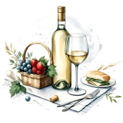 An illustration for summer, rendered in watercolor style, Wine bottle and glasses clipart for a romantic picnic.