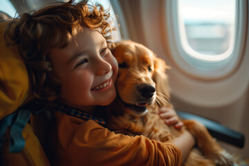 A child with his dog in the cabin of an airplane near the window