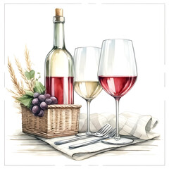 An illustration for summer, rendered in watercolor style, Wine bottle and glasses clipart for a romantic picnic.