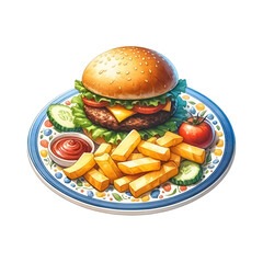 An illustration for summer, rendered in watercolor style, Picnic plate clipart with a burger and chips.