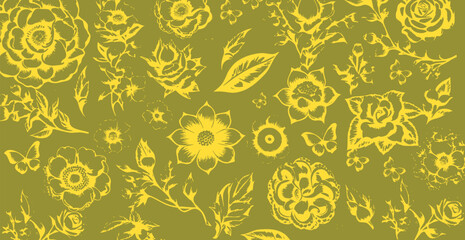 bicolor contour silhouette seamless pattern with flowers and leaves. Abstract floral spring, summer pattern.