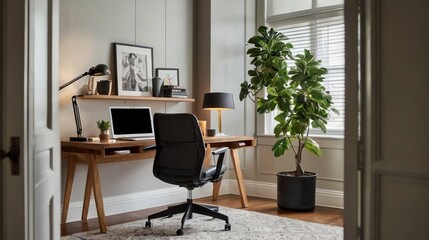 Stylish composition of modern home office workspace interior design, black leather armchair, pc and stylish personal accessories with plants in pots