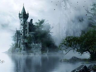 Mysterious Castle Emerging from the Mist in a Serene Fantasy Setting A Captivating Tale of Allure and History