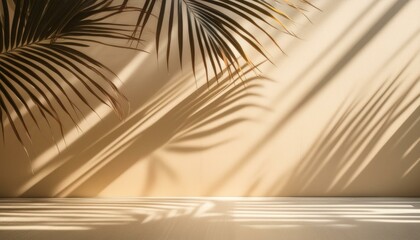 Blurred shadow of palm leaves on a light beige wall, soft sunlight creating delicate pattern