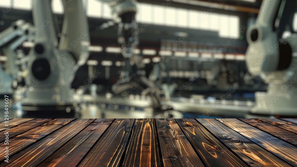 Poster empty wood table top with blur background of factory with robotic arms. the table giving copy space 
