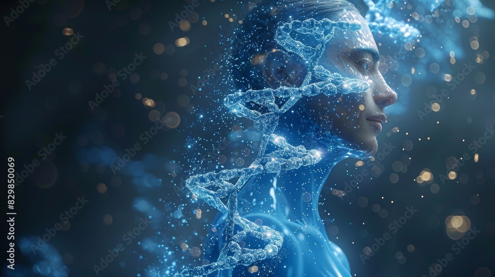 Poster this image displays a dynamic blue dna helix made from particles with a backdrop featuring bokeh lig