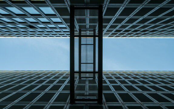 open covered bridges outside a high-rise building. low angle view.