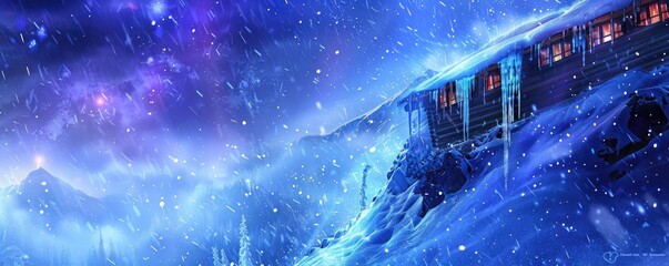 A mesmerizing digital art of a train traversing through a snowy mountainous landscape under a starry, mystical blue night sky with glowing lights.