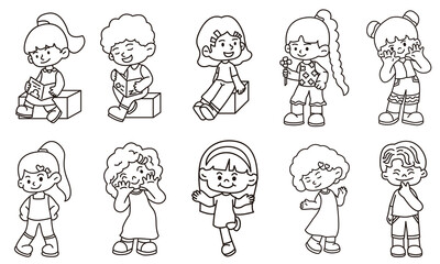 Naklejka premium Cute children character illustration line vector