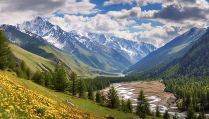 High snow-covered mountain peaks, picturesque valleys with a river winding at the foot of the mountains