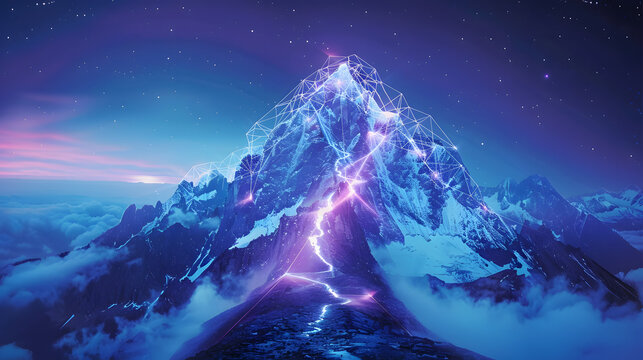 Digital mountain The path to success or business goals achievement concept