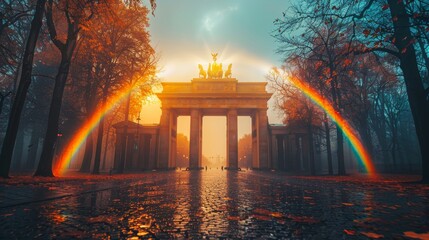 A mystical double rainbow framing a famous historic monument in an autumnal cityscape at sunrise