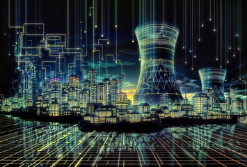 Futuristic cityscape at night with a thermal power plant featuring large cooling towers illuminated by neon lights and digital lines, reflecting on water.