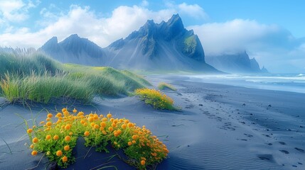 Fog enshrouded mountain spires tower over a black sand beach dotted with vibrant yellow...