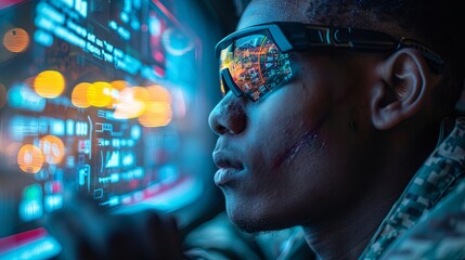 A futuristic data interface with multicolored lights and a blurred person's profile visible