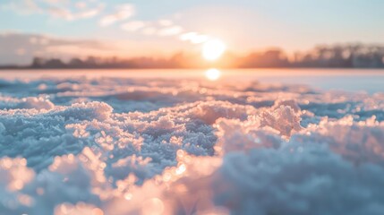 Fototapeta premium Serene winter sunrise, capturing the warm glow of the sun over a snow-covered landscape, reflecting hues of pink and blue for a tranquil scene.