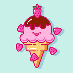 Kawaii ice cream illustration. Scoop of Ice cream with shocolate topping and strawberries.