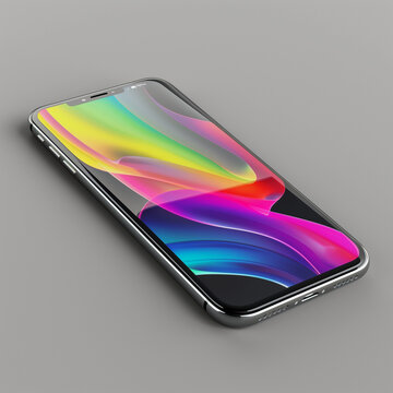 A phone with a colorful background is displayed on a gray surface. The phone is a silver iPhone and the background is a rainbow of colors. Concept of vibrancy and energy