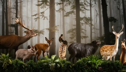 Obraz premium Large size wall mural with hand drawn watercolor forest animals and plants. Stock illustration