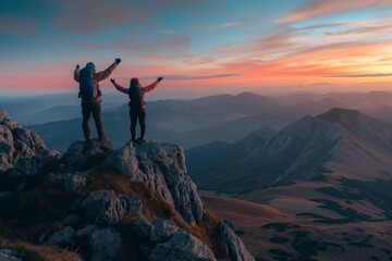 Two Hikers Celebrating on Mountain Peak