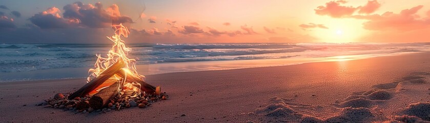 A realistic bonfire burning brightly on a sandy beach during sunset, with the flames casting a warm glow on the surrounding area