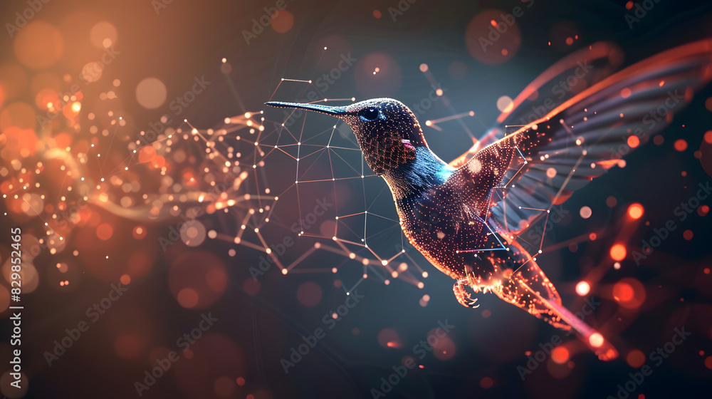 Poster harmonious data flow concept with digital humming bird flying