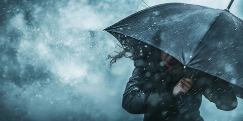 Person wearing raincoat withstanding strong wind and heavy rain in a city street. Extreme weather conditions.