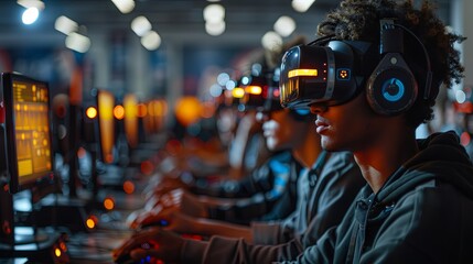 Gamers engaged in an immersive virtual reality experience during an eSports competition
