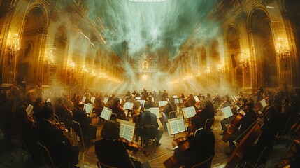 A grand orchestra enraptured in performance with an ethereal glow and atmospheric smoke in a...