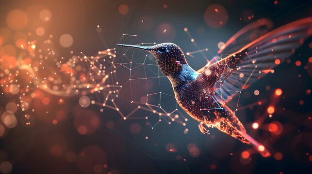 Harmonious data flow concept with Digital humming bird flying