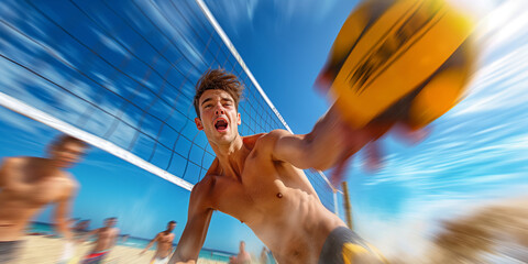 Male teen volleyball player catching the ball on a beach on a sunny day. Teenage friends playing beach volleyball together. Active leisure for kids.