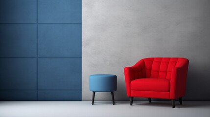 A modern interior with a red armchair and a blue ottoman against a blue and gray wall