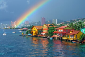 A beautiful rainbow arching over a colorful waterfront cityscape against a backdrop of evening lights