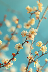 A Beautiful Floral Spring Abstract Background of Nature, Featuring Branches of Blossoming Apricot in Macro with Soft Focus, Against a Gentle Light Blue Sky Background.