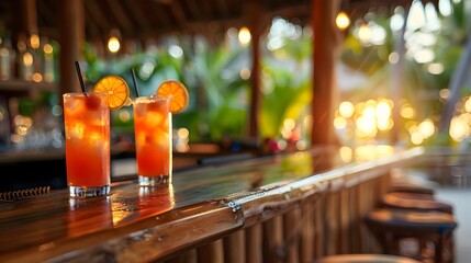 Tropical Resort Evening: Exotic Drinks and Inviting Bar Stools Bask in Warm Illumination
