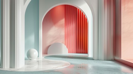 A modern architectural interior with arched doorways, red and blue walls, and a white sphere on a marble floor