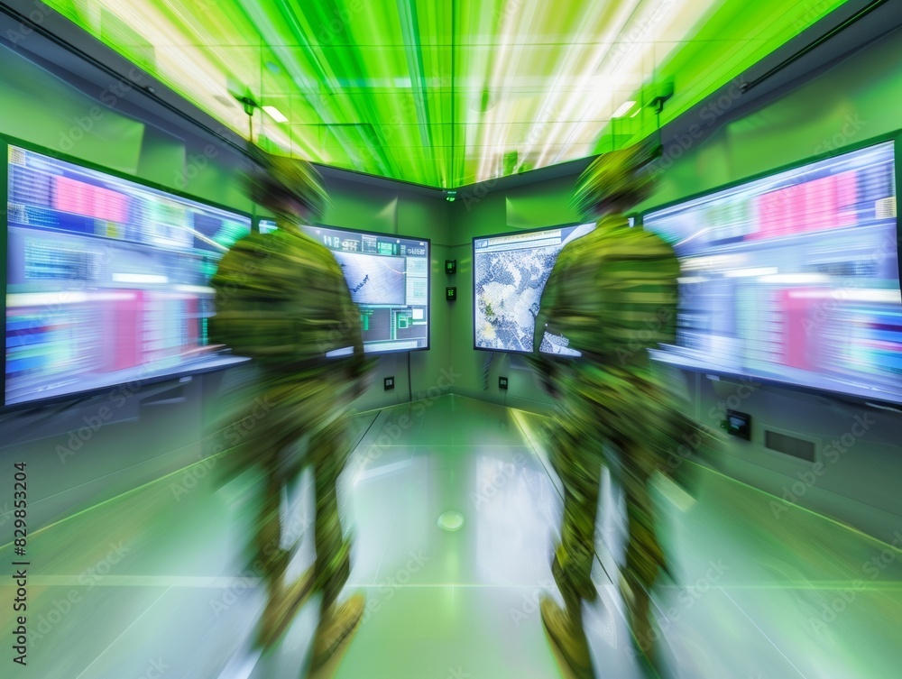 Aufkleber Abstract Blur of Two Soldiers in a High-Tech Green Control Room: Symmetrical Composition and Dynamic Motion Using Long Exposure